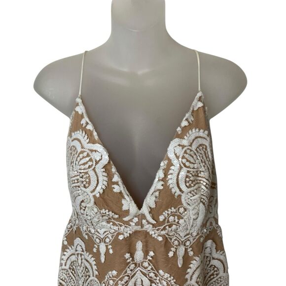 Free People Shimmering Sequin Mini Tank Dress Embroidery Lace Overlay Ivory Sz 8 - Picture 6 of 12